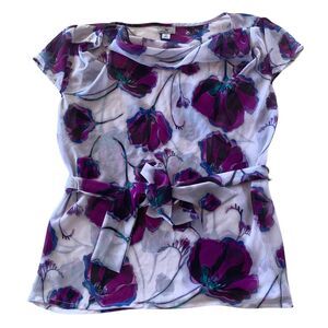Worthington Sheer Top Blouse Floral Tie Belt Chiffon Ladies Medium M